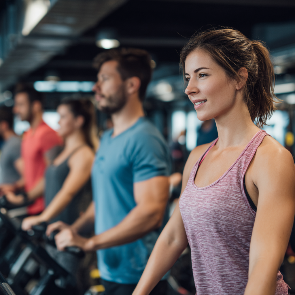 Group of smiling Ukrainian adults of various ages practicing fitness exercises together in a modern gym