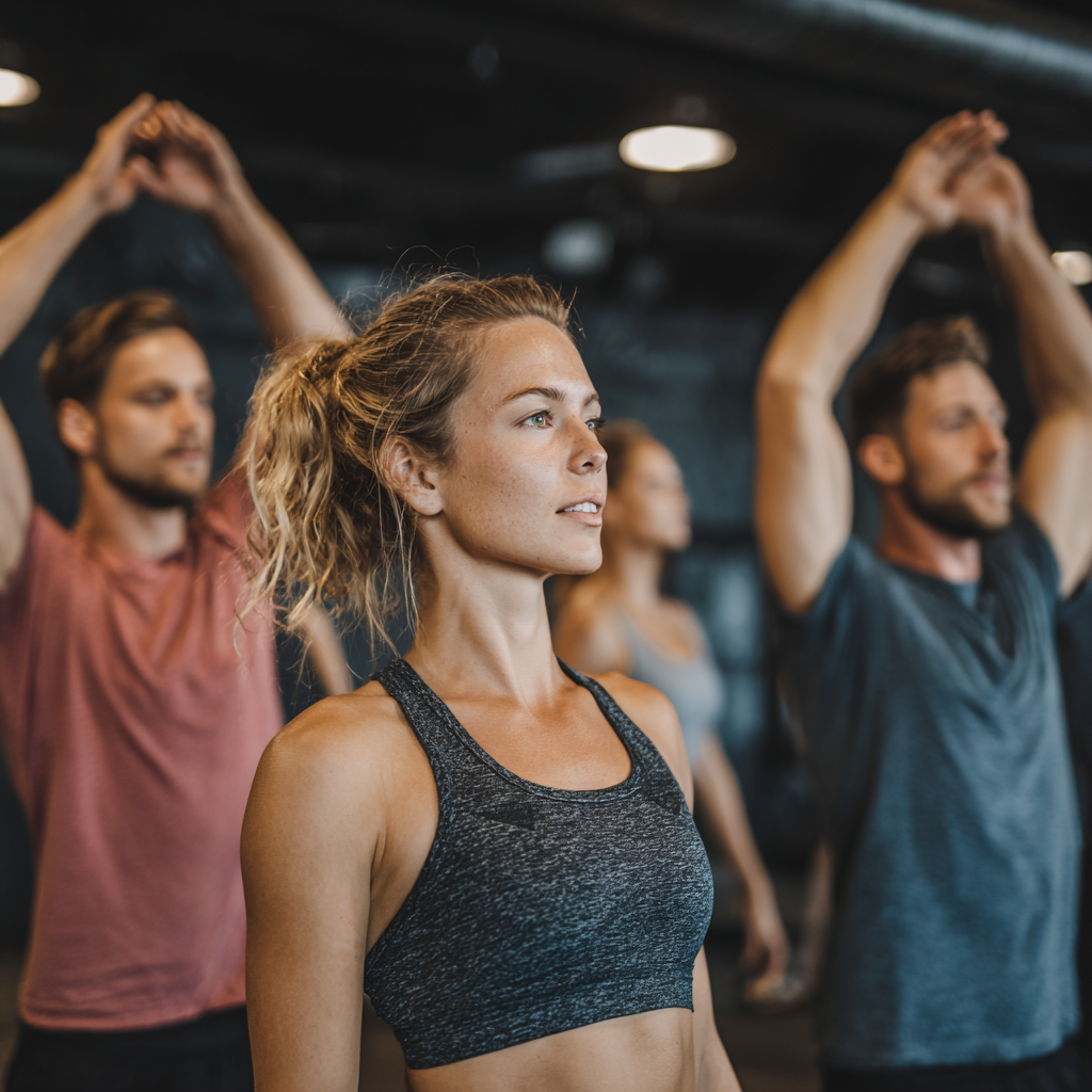 Smiling middle-aged Ukrainian man and woman demonstrating daily exercise routine in home environment